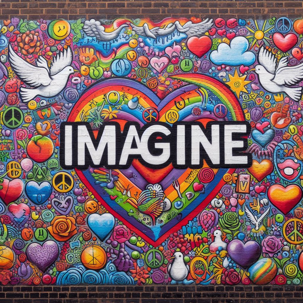 Das KI-generierte Bild zeigt ein buntes Gemälde an einer Steinmauer. Auf dem Bild ist zentral der Schriftzug "Imagine" zu sehen. Darum herum befindet sichein buntes Herz. Außerdem zu sehen sind weiße Tauben, Peacezeichen, Herzen und weitere Details in strahlenden Farben.