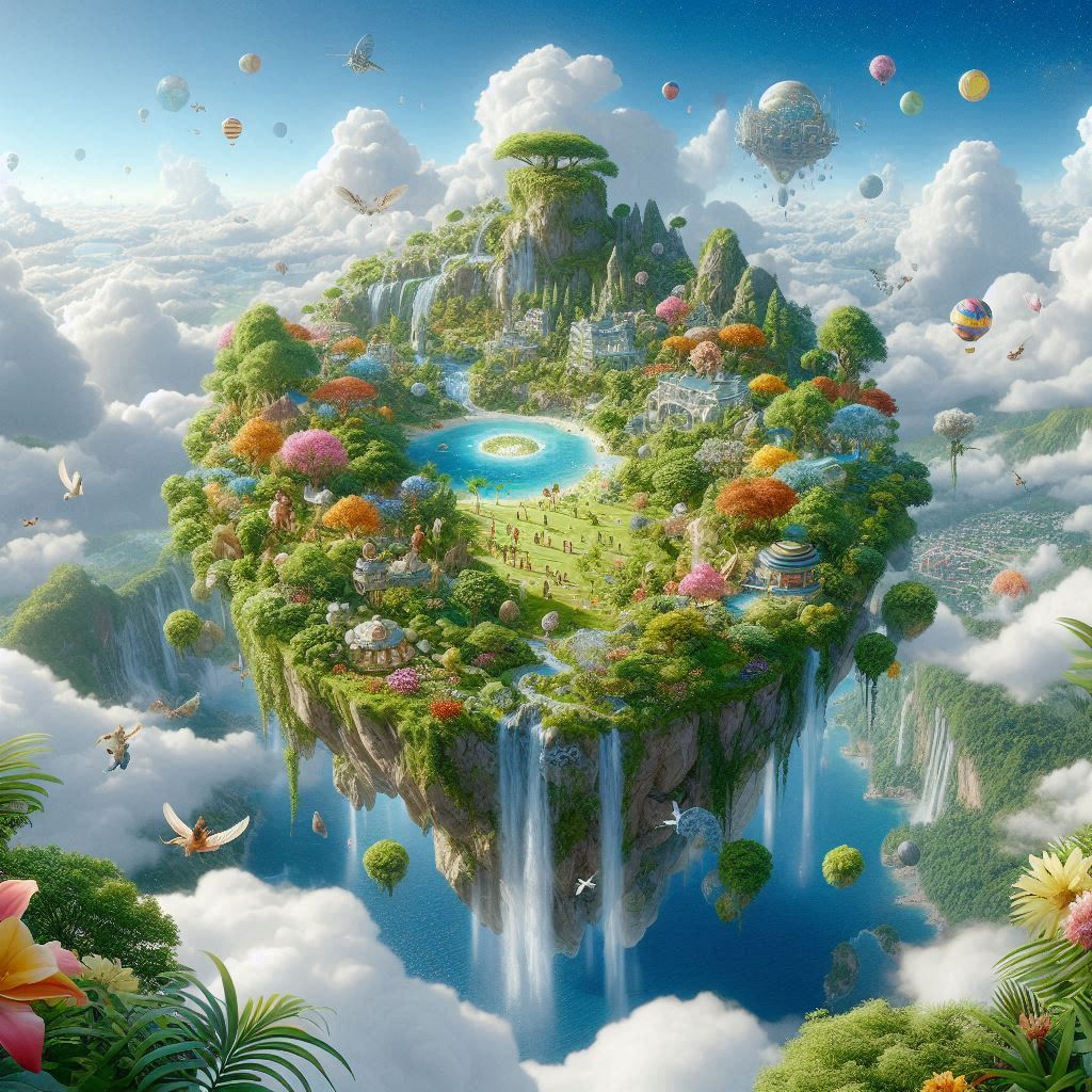 Das KI-generierte Bild zeigt eine Insel, die losgelöst in den Wolken schwebt. Auf der Insel gibt es viel Grün, bunte Bäumeund einen See.