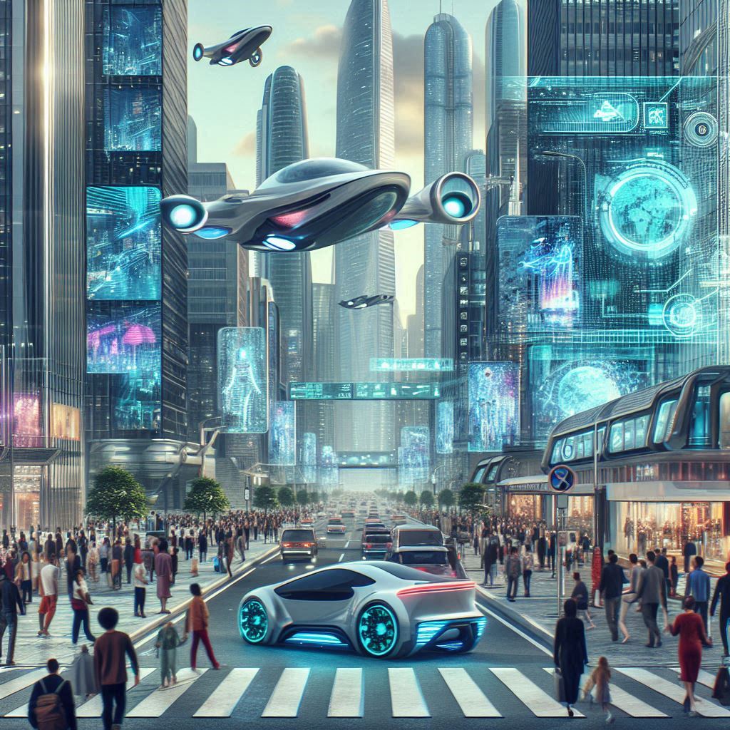 Das Bild zeigt eine Zukunftsstadt im Cyberpunk-Stil. Es gibt Hochhäuse,eine große Straße,fliegende Autos und Hologramme an den Gebäuden. Alles ist in kühlem Blau und düster gehalten.